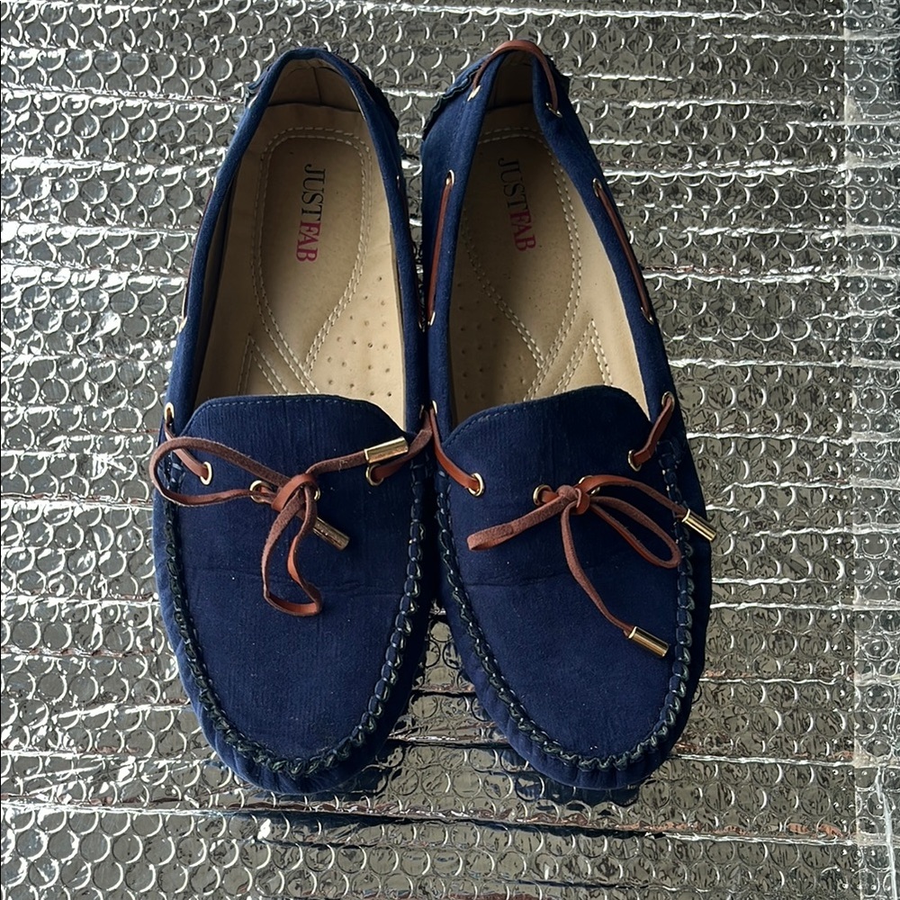 JustFab Navy Blue Loafers with Brown Accents